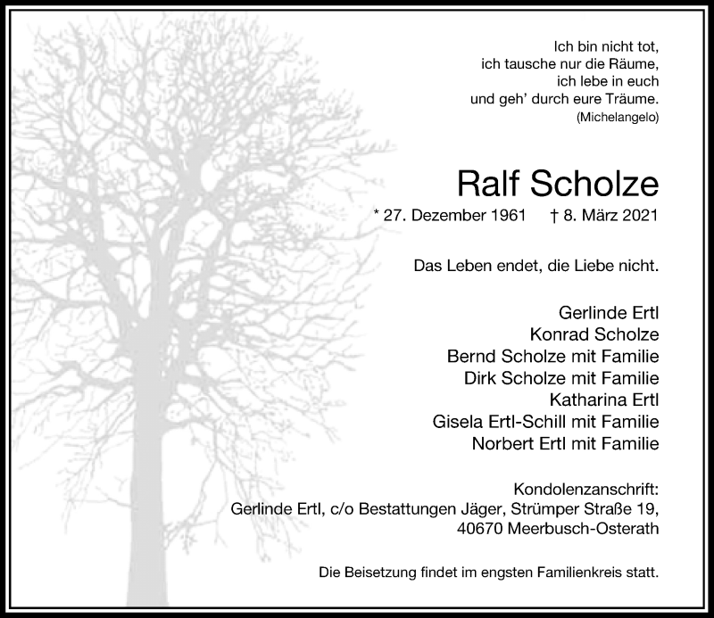  Traueranzeige für Ralf Scholze vom 10.04.2021 aus Rheinische Post