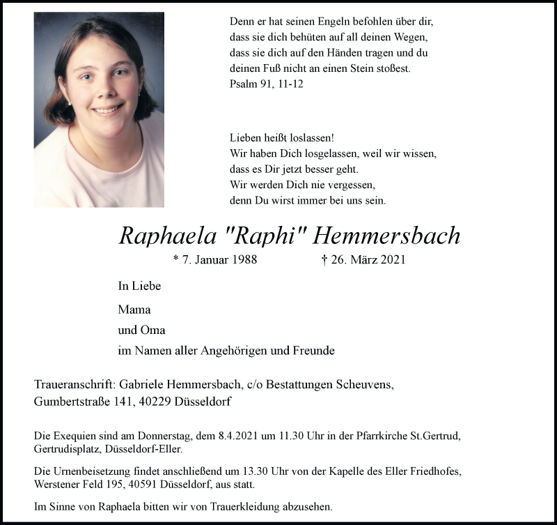  Traueranzeige für Raphaela Hemmersbach vom 03.04.2021 aus Rheinische Post