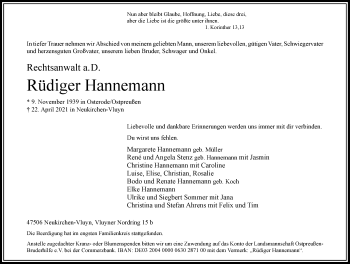 Traueranzeige von Rüdiger Hannemann von Rheinische Post