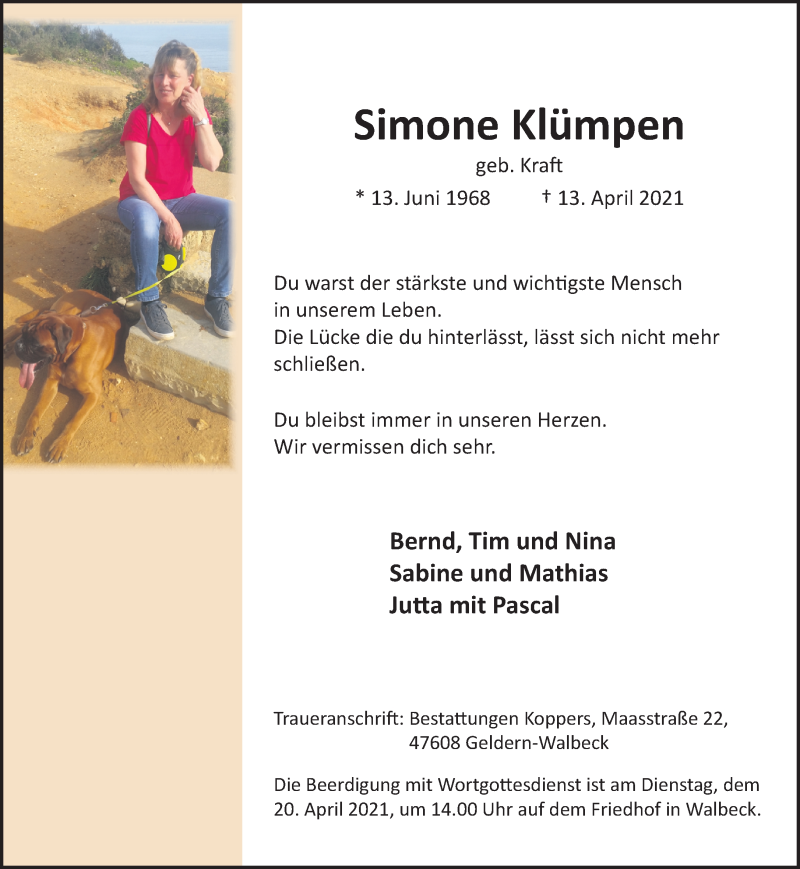  Traueranzeige für Simone Klümpen vom 17.04.2021 aus Rheinische Post