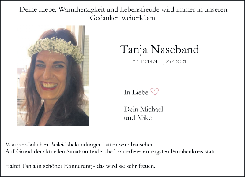  Traueranzeige für Tanja Naseband vom 01.05.2021 aus Rheinische Post