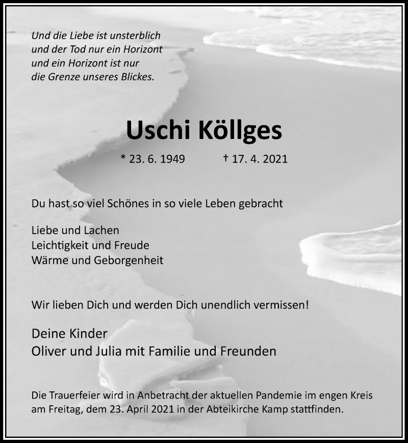  Traueranzeige für Uschi Köllges vom 23.04.2021 aus Rheinische Post