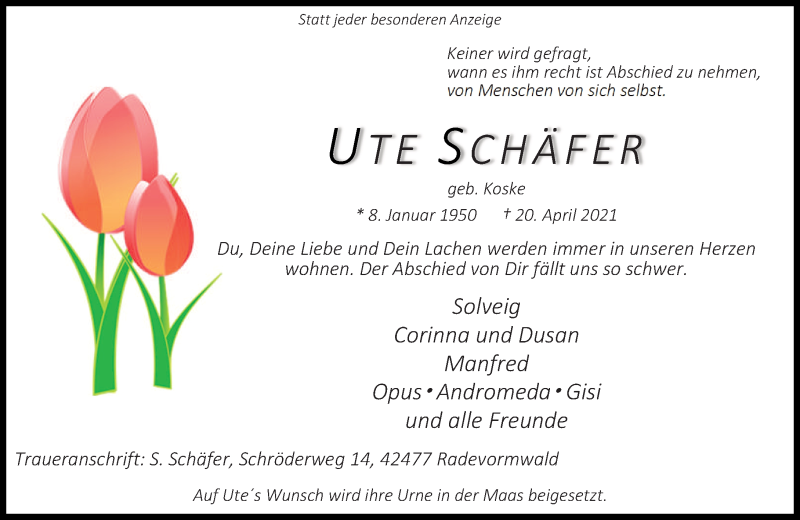  Traueranzeige für Ute Schäfer vom 01.05.2021 aus Rheinische Post