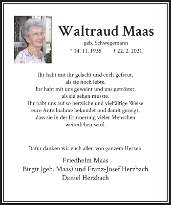 Traueranzeige von Waltraud Maas von Rheinische Post