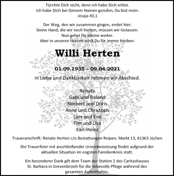 Traueranzeige von Willi Herten von Rheinische Post