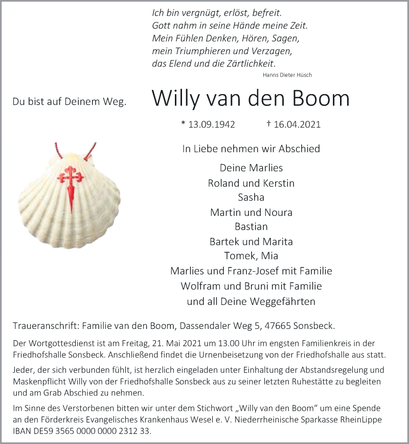  Traueranzeige für Willy van den Boom vom 24.04.2021 aus Rheinische Post