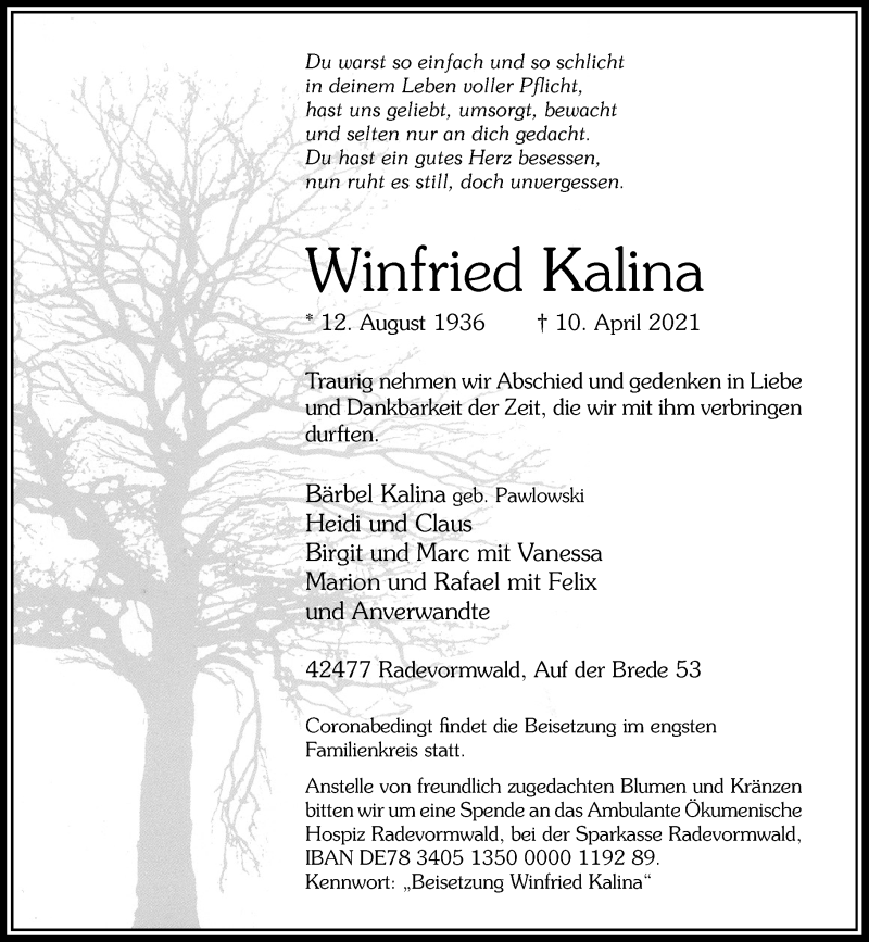  Traueranzeige für Winfried Kalina vom 14.04.2021 aus Rheinische Post