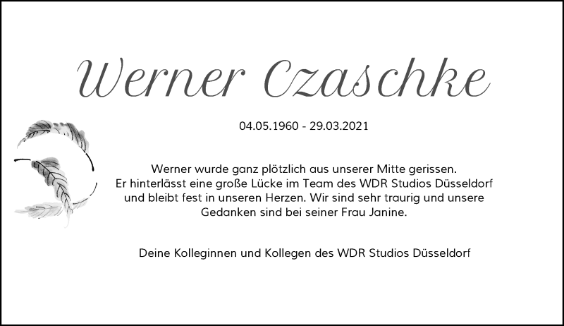  Traueranzeige für Werner Czaschke vom 03.04.2021 aus Rheinische Post