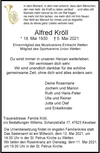 Traueranzeige von Alfred Kröll von Rheinische Post
