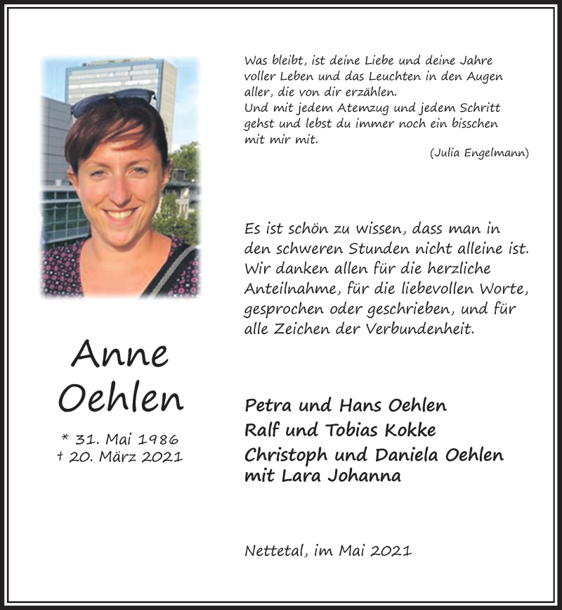  Traueranzeige für Anne Oehlen vom 08.05.2021 aus Rheinische Post