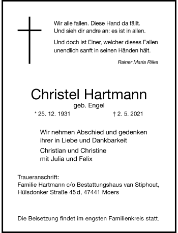 Traueranzeige von Christel Hartmann von Rheinische Post