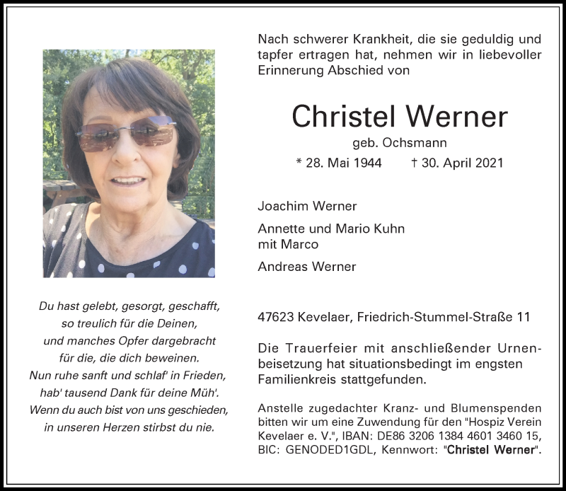  Traueranzeige für Christel Werner vom 15.05.2021 aus Rheinische Post