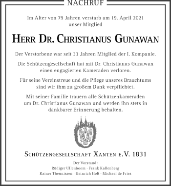 Traueranzeige von Christianus Gunawan von Rheinische Post