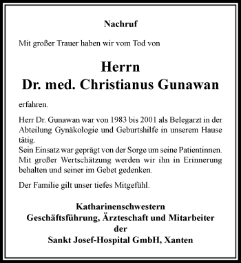 Traueranzeige von Christianus Gunawan von Rheinische Post