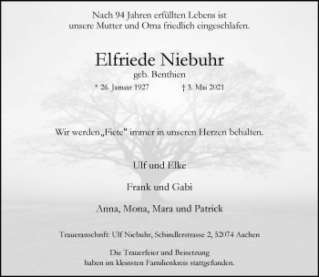 Traueranzeige von Elfriede Niebuhr von Rheinische Post