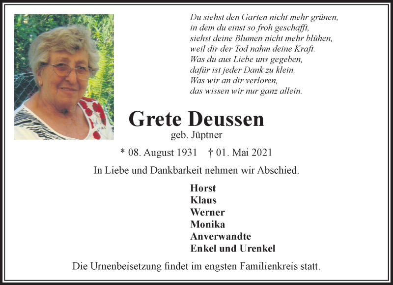 Traueranzeige für Grete Deussen vom 05.05.2021 aus Rheinische Post