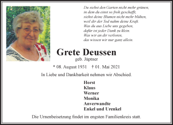 Traueranzeige von Grete Deussen von Rheinische Post