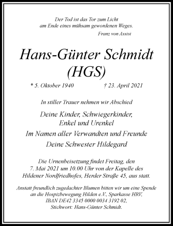 Traueranzeige von Hans-Günter Schmidt von Rheinische Post