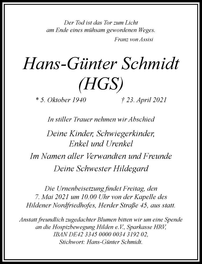  Traueranzeige für Hans-Günter Schmidt vom 07.05.2021 aus Rheinische Post
