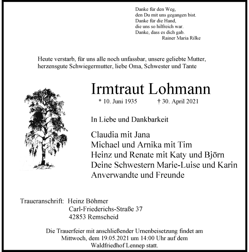  Traueranzeige für Irmtraut Lohmann vom 08.05.2021 aus Rheinische Post