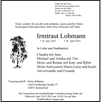 Traueranzeige von Irmtraut Lohmann von Rheinische Post