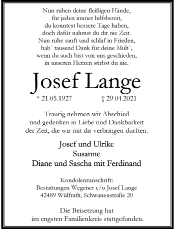 Traueranzeige von Josef Lange von Rheinische Post