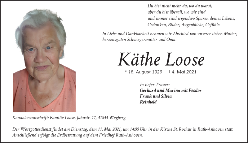  Traueranzeige für Käthe Loose vom 08.05.2021 aus Rheinische Post