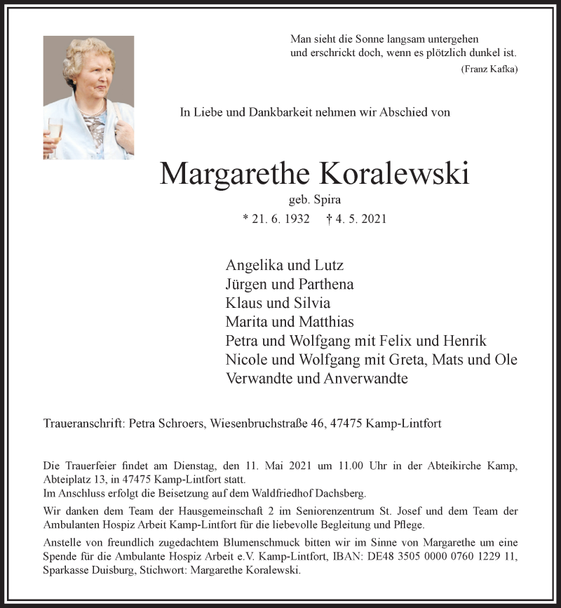  Traueranzeige für Margarethe Koralewski vom 08.05.2021 aus Rheinische Post