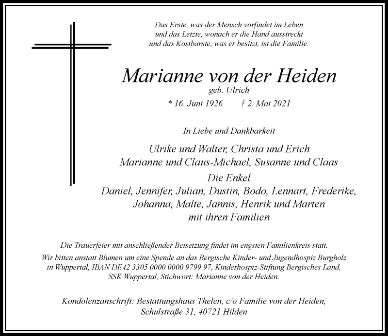  Traueranzeige für Marianne von der Heiden vom 08.05.2021 aus Rheinische Post