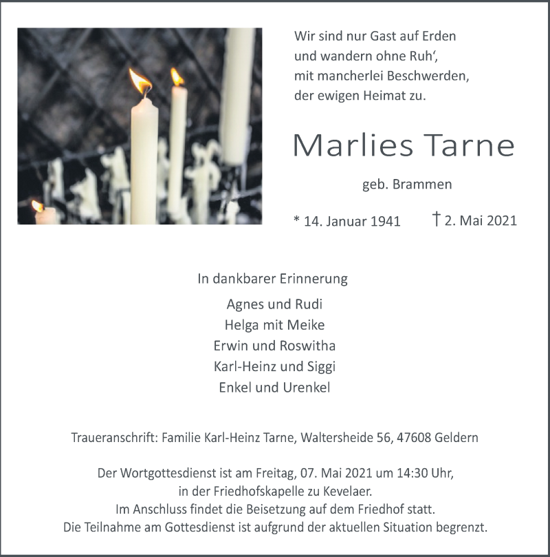  Traueranzeige für Marlies Tarne vom 05.05.2021 aus Rheinische Post