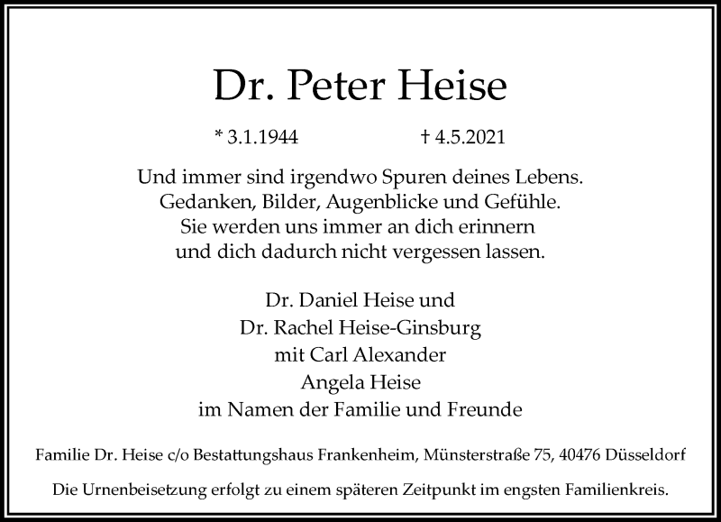  Traueranzeige für Peter Heise vom 08.05.2021 aus Rheinische Post