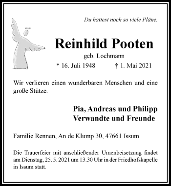 Traueranzeige von Reinhild Pooten von Rheinische Post