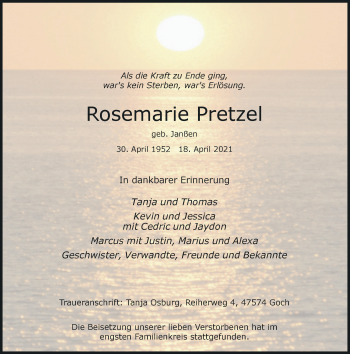 Traueranzeige von Rosemarie Pretzel von Rheinische Post