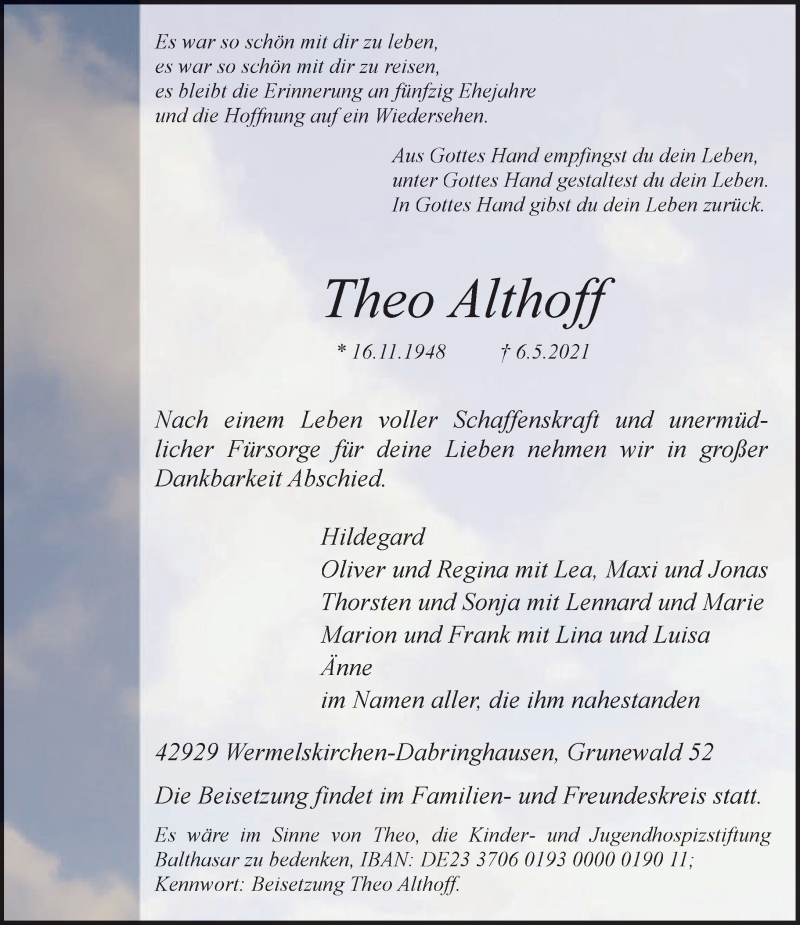  Traueranzeige für Theo Althoff vom 08.05.2021 aus Rheinische Post
