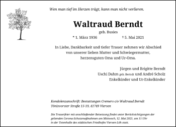 Traueranzeige von Waltraud Berndt von Rheinische Post