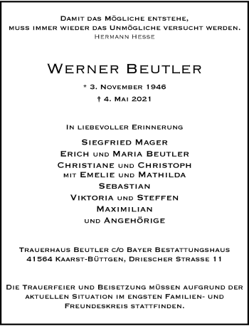 Traueranzeige von Werner Beutler von Rheinische Post