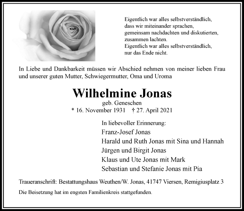  Traueranzeige für Wilhelmine Jonas vom 08.05.2021 aus Rheinische Post