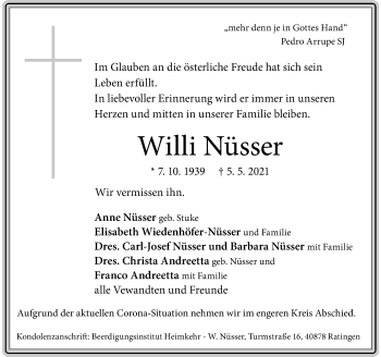 Traueranzeige von Willi Nüsser von Rheinische Post