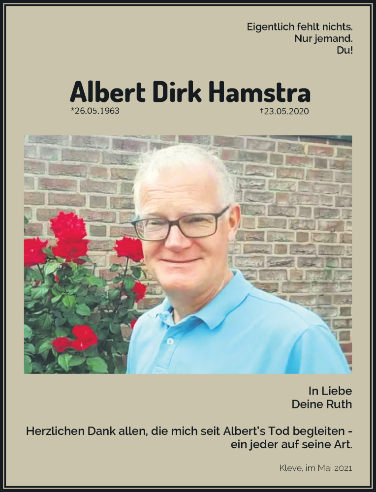  Traueranzeige für Albert Dirk Hamstra vom 22.05.2021 aus Rheinische Post
