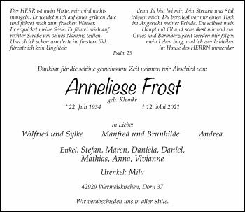 Traueranzeige von Anneliese Frost von Rheinische Post