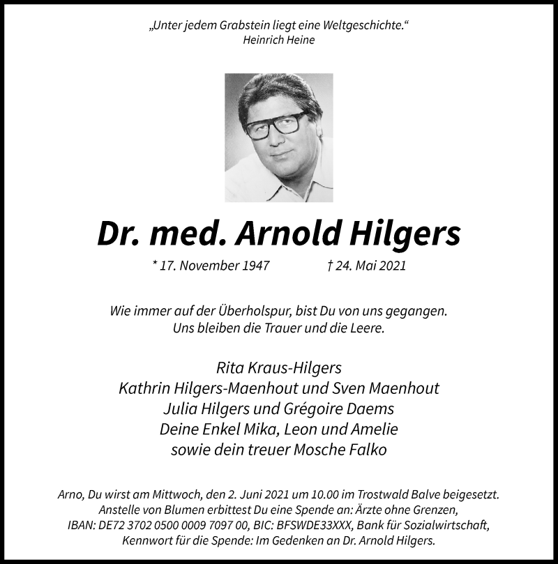  Traueranzeige für Arnold Hilgers vom 27.05.2021 aus Rheinische Post