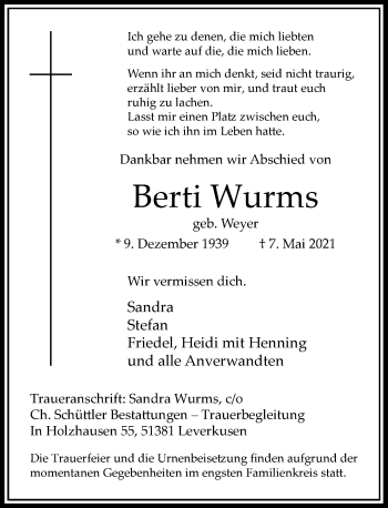 Traueranzeige von Berti Wurms von Rheinische Post