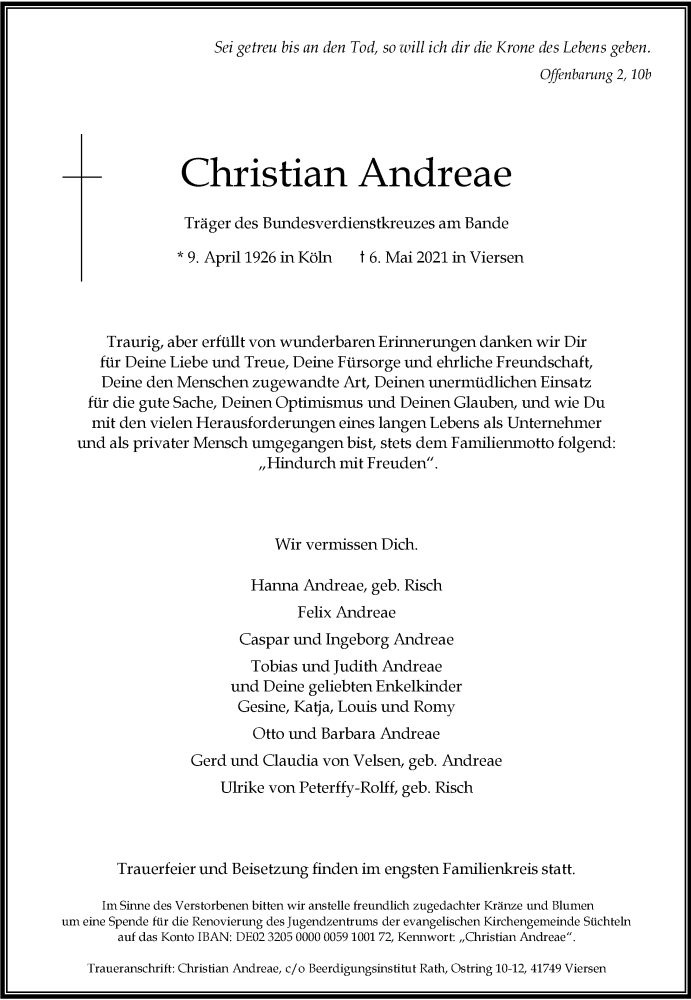  Traueranzeige für Christian Andreae vom 15.05.2021 aus Rheinische Post