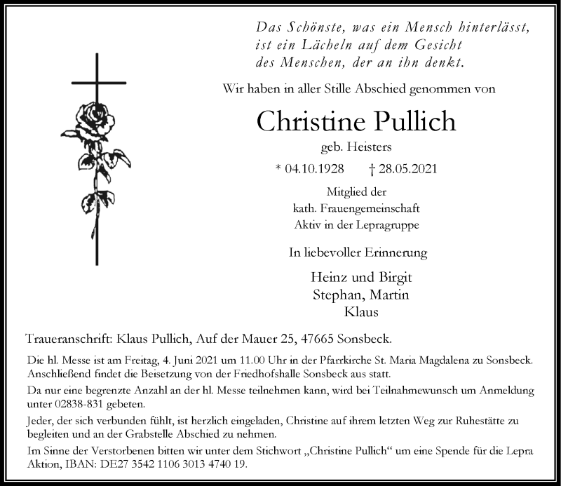  Traueranzeige für Christine Pullich vom 31.05.2021 aus Rheinische Post