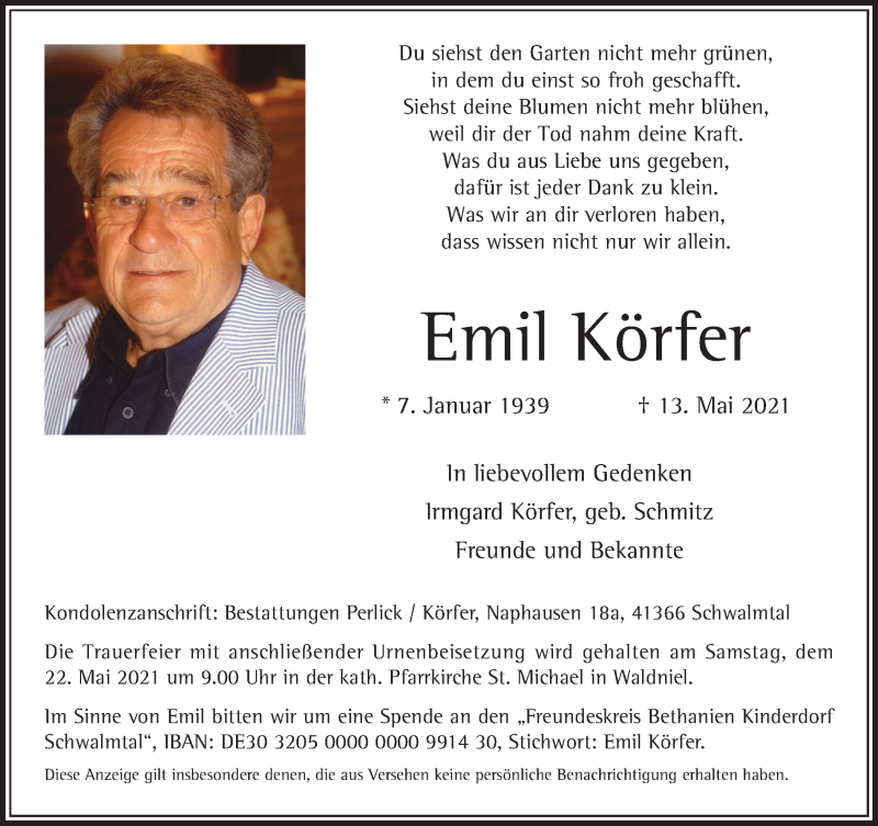  Traueranzeige für Emil Körfer vom 22.05.2021 aus Rheinische Post