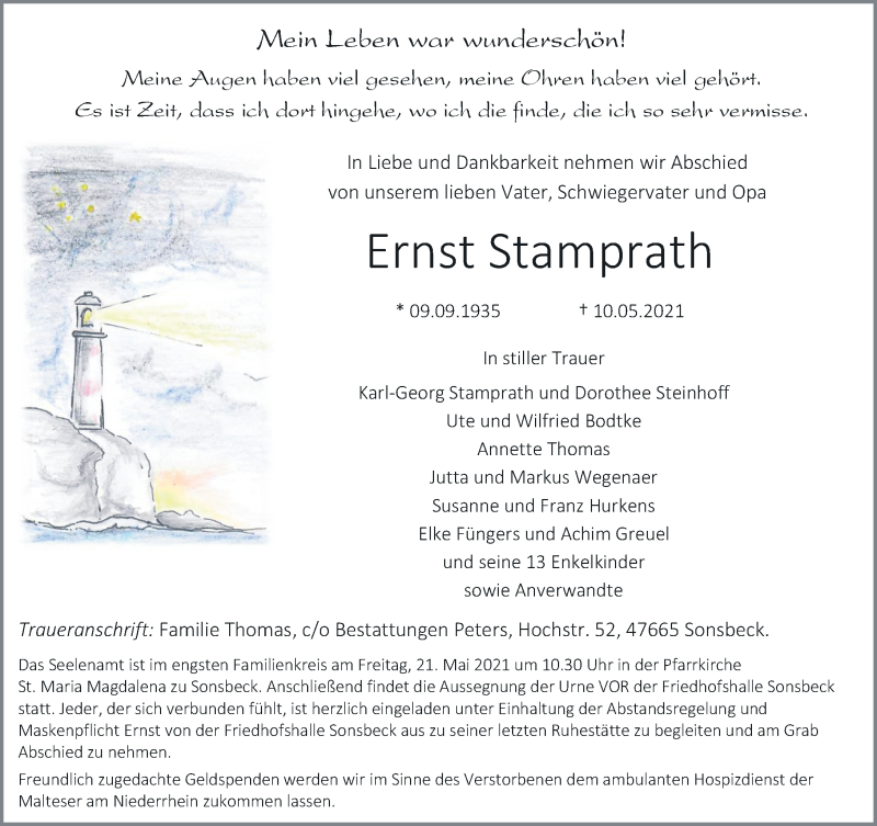  Traueranzeige für Ernst Stamprath vom 15.05.2021 aus Rheinische Post