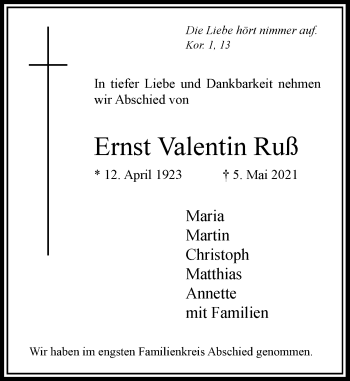 Traueranzeige von Ernst Valentin Ruß von Rheinische Post