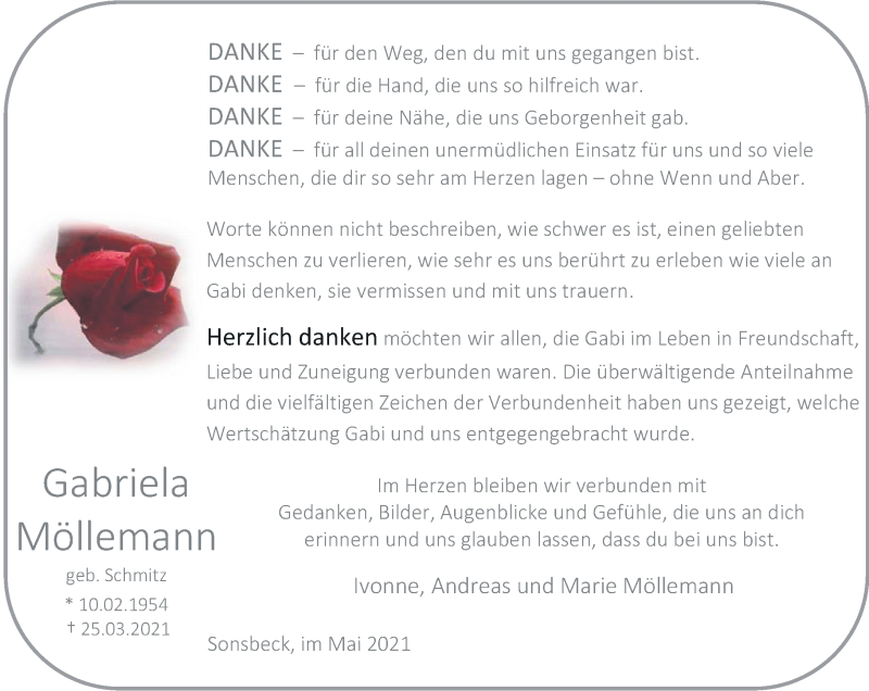  Traueranzeige für Gabriela Möllemann vom 22.05.2021 aus Rheinische Post