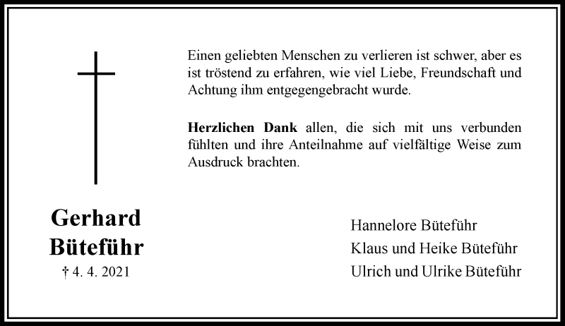  Traueranzeige für Gerhard Büteführ vom 15.05.2021 aus Rheinische Post