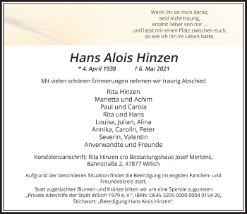 Traueranzeige von Hans Alois Hinzen von Rheinische Post